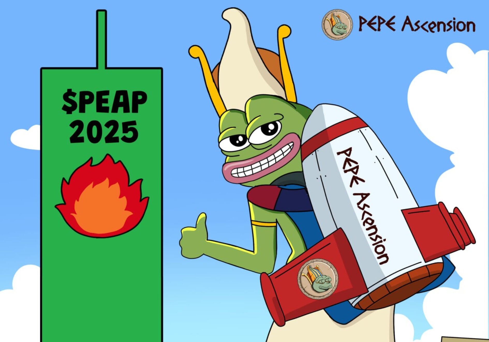 Cartoon-styled Egyptian pillars displaying PEPE Ascension presale dashboard with raised funds and countdown.